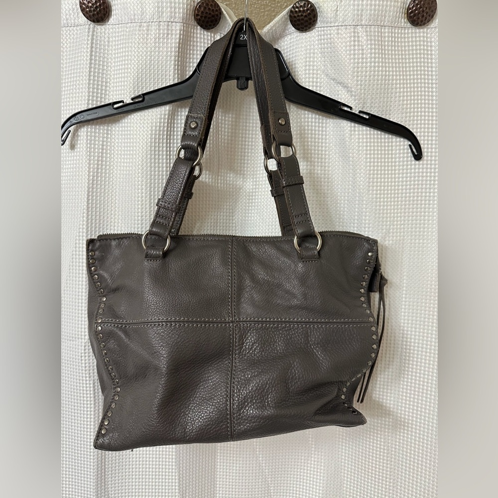 Gray Leather Shoulder Bag with Silver Hardware